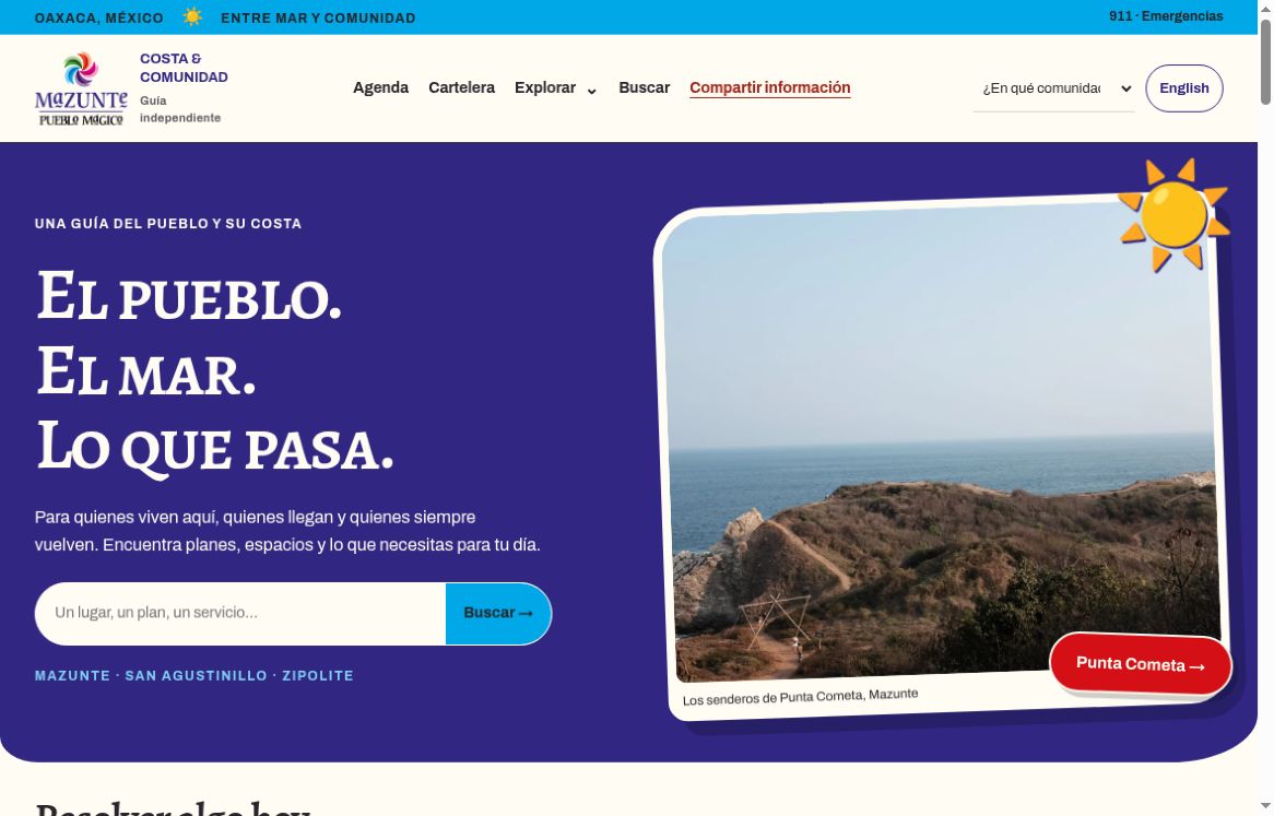 Actual top of Mazunte Now’s Spanish-language coastal community homepage.