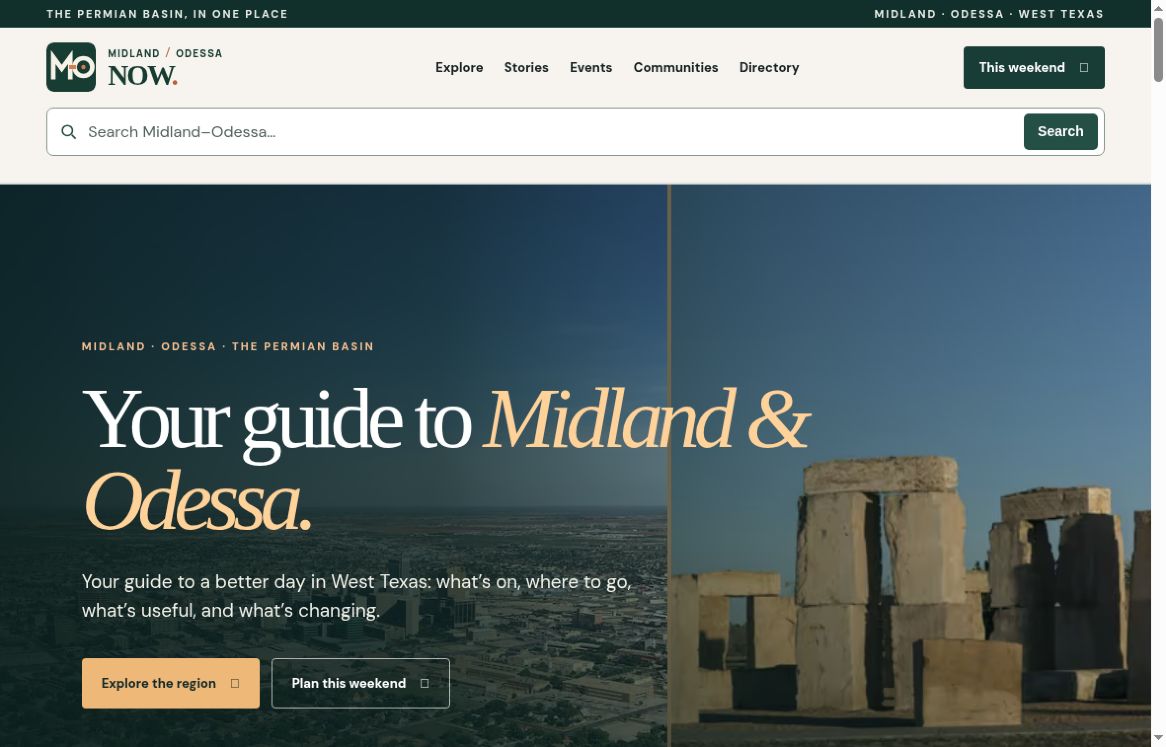 Actual homepage of Midland–Odessa Now, with its community masthead and West Texas guide hero.