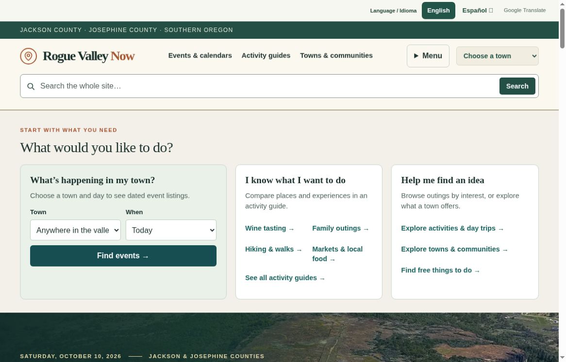 Actual top-of-homepage screenshot of Rogue Valley Now, captured October 10, 2026.
